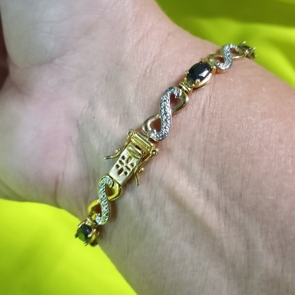 Two tone goldtone silvertone blue stone marked 925 bracelet - Picture 7 of 9